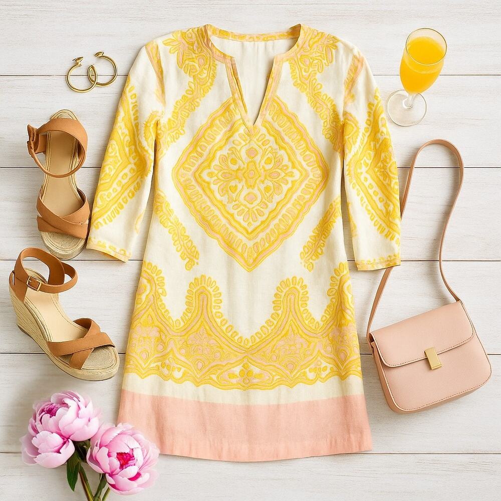 J.Crew Linen Boho Tunic Dress Women’s Size 2 Pink Yellow Ivory 3/4 Sleeve Lined